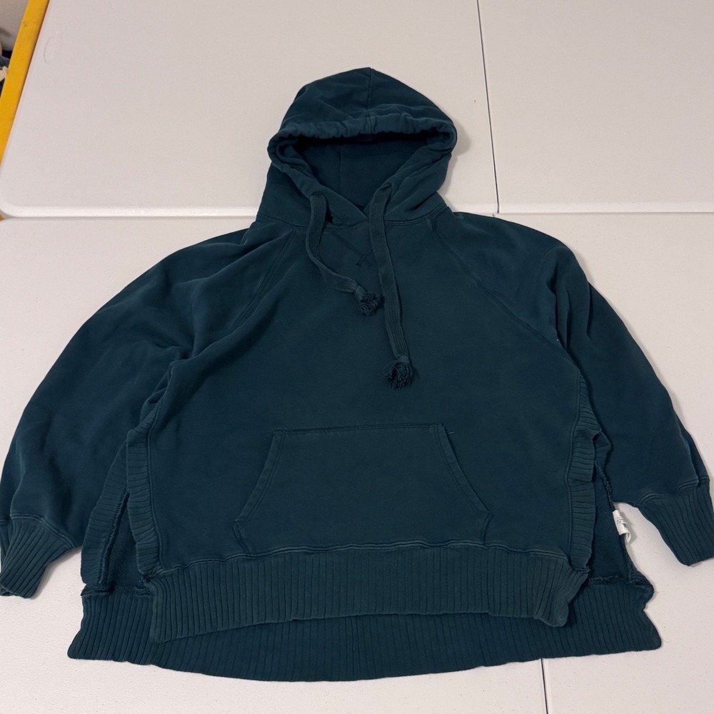 American Eagle Forest Green Oversized High Low Side Ribbed Pullover Hoodie L gf - Picture 2 of 7
